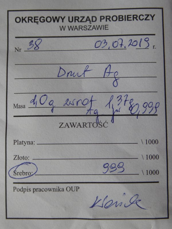 Potwierdzenie proby srebra 2019